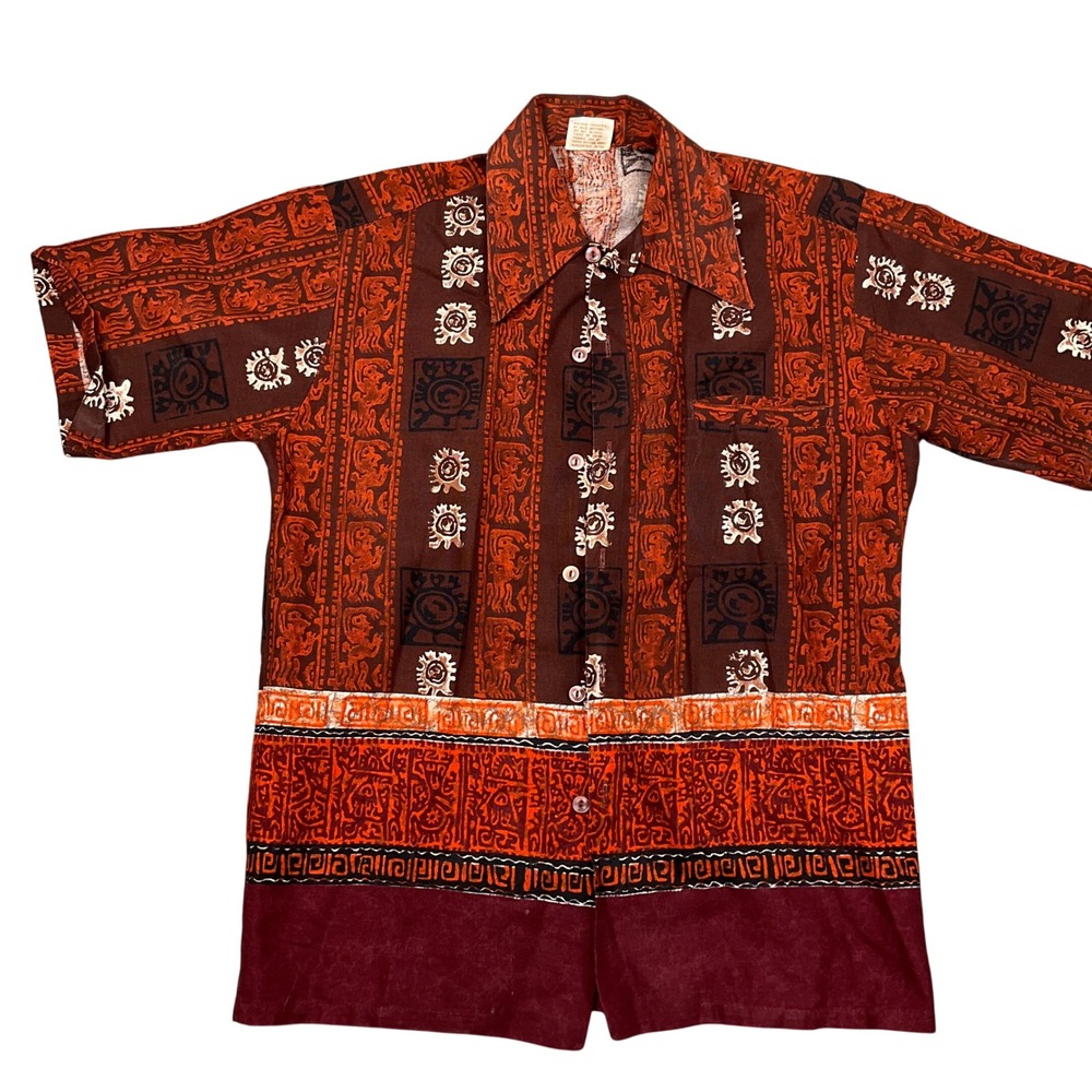 Barefoot‎ in Paradise Shirt  Mens Small Brown Orange 70s Hawaiian Tribal Sun VTG